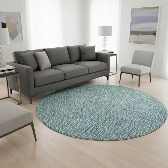 8' Teal And Ivory Geometric Washable Round Rug With UV Protection Photo 2