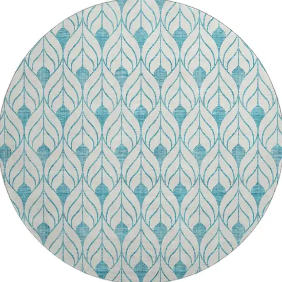 8' Teal And Ivory Geometric Washable Round Rug With UV Protection Photo 3
