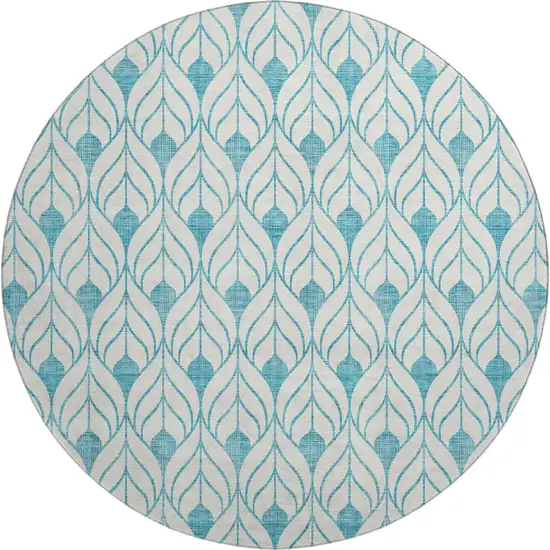 8' Teal And Ivory Geometric Washable Round Rug With UV Protection Photo 1