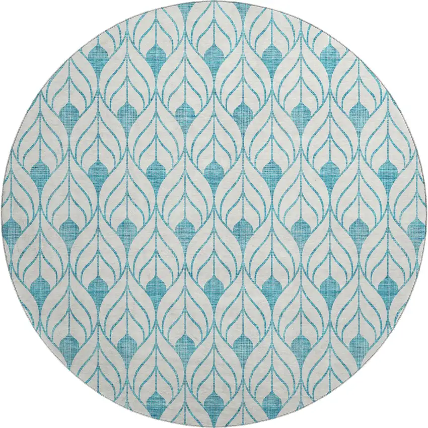 8' Teal And Ivory Geometric Washable Round Rug With UV Protection Photo 1