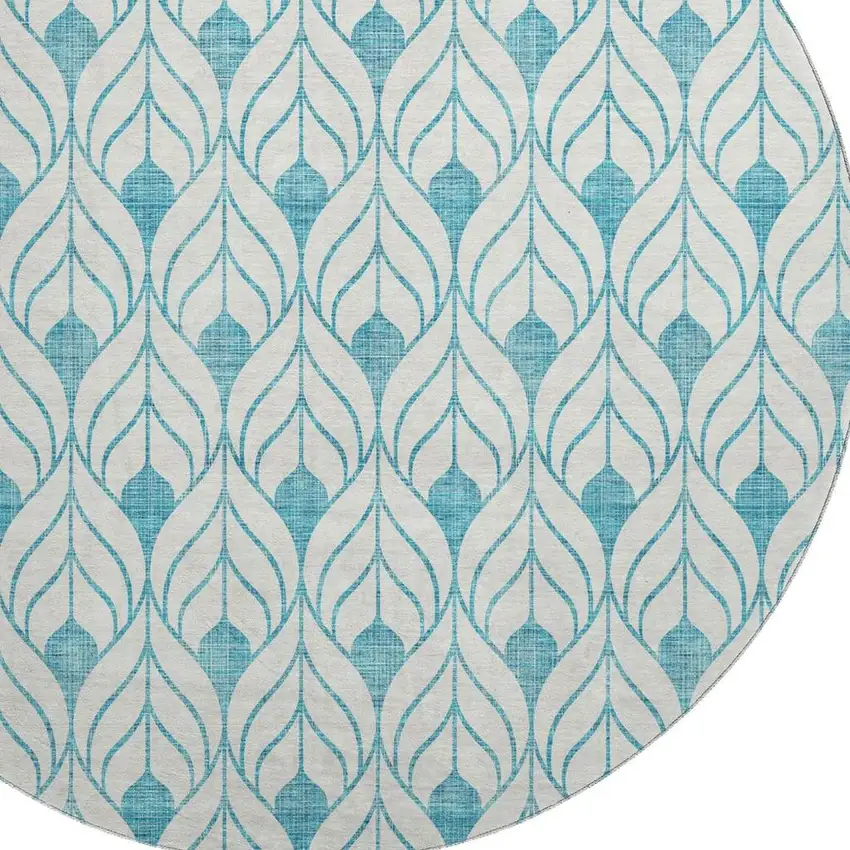 8' Teal And Ivory Geometric Washable Round Rug With UV Protection Photo 2