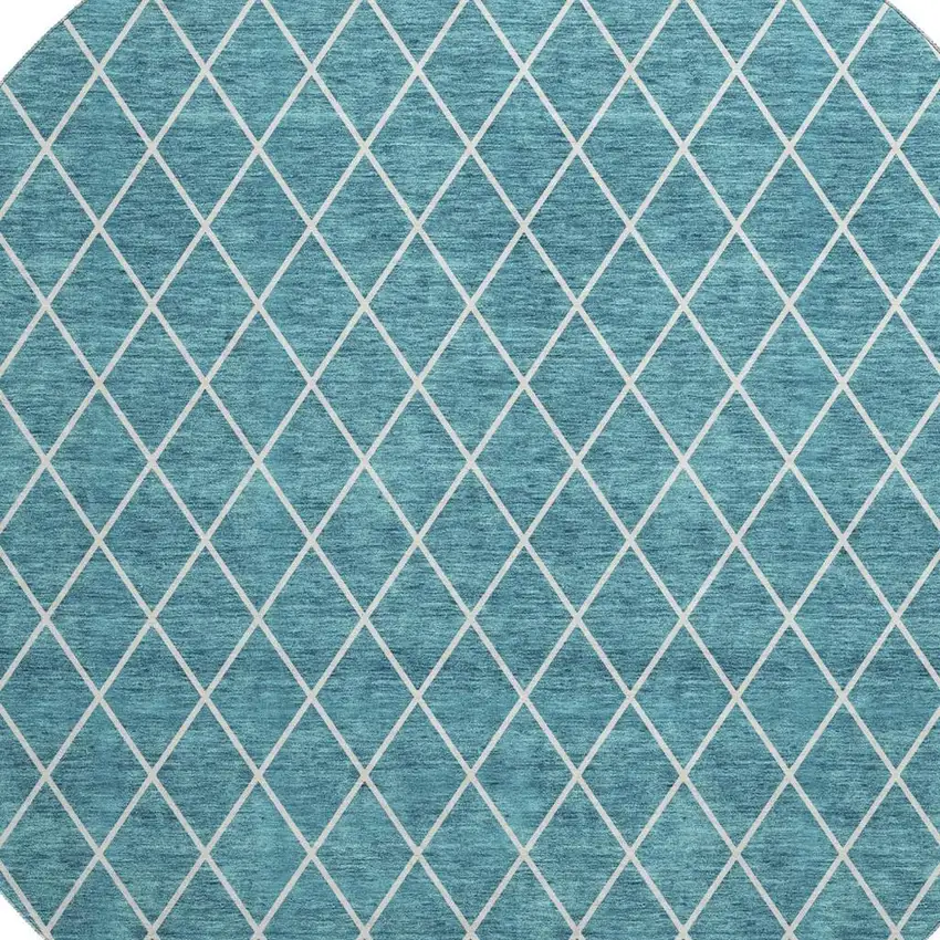 8' Teal And Ivory Geometric Washable Round Rug With UV Protection Photo 3