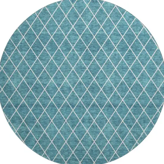 8' Teal And Ivory Geometric Washable Round Rug With UV Protection Photo 3