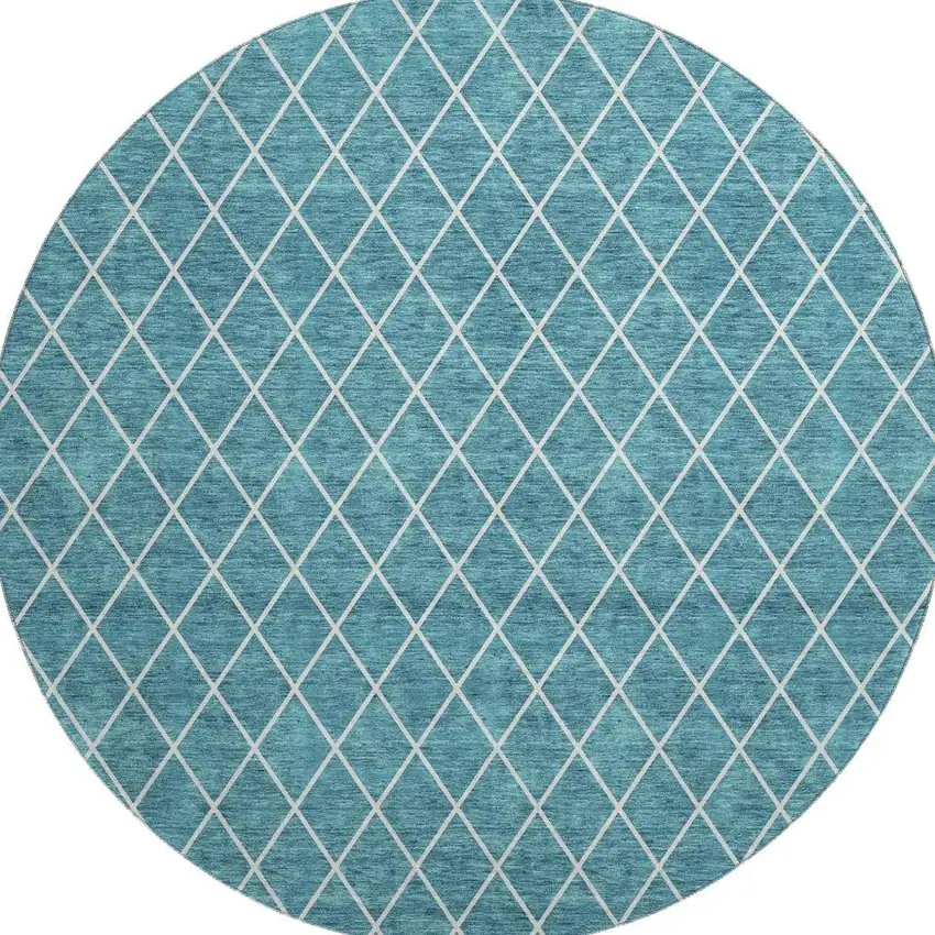 8' Teal And Ivory Geometric Washable Round Rug With UV Protection Photo 3