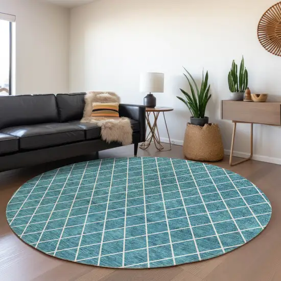 8' Teal And Ivory Geometric Washable Round Rug With UV Protection Photo 4