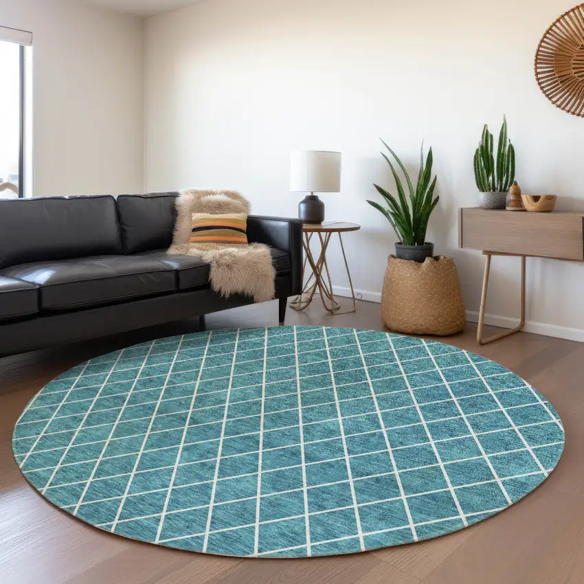 8' Teal And Ivory Geometric Washable Round Rug With UV Protection Photo 4