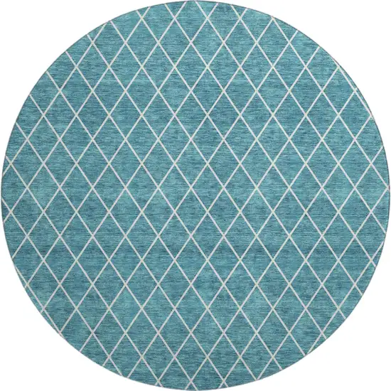 8' Teal And Ivory Geometric Washable Round Rug With UV Protection Photo 1