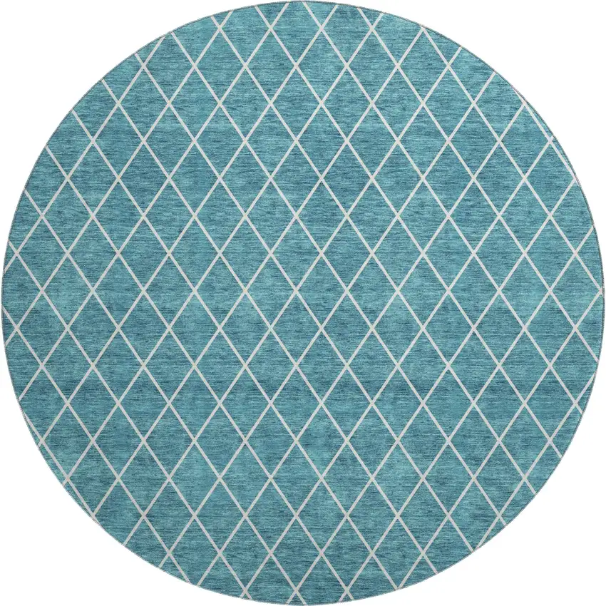 8' Teal And Ivory Geometric Washable Round Rug With UV Protection Photo 1