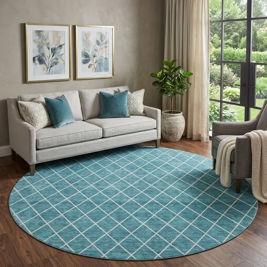 8' Teal And Ivory Geometric Washable Round Rug With UV Protection Photo 1