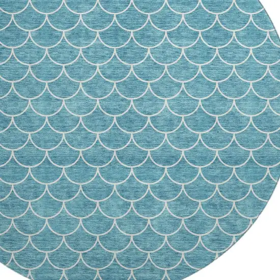 8' Teal And Ivory Geometric Washable Round Rug With UV Protection Photo 2
