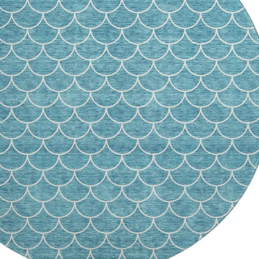 8' Teal And Ivory Geometric Washable Round Rug With UV Protection Photo 2