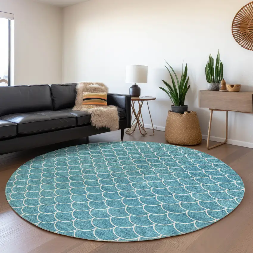 8' Teal And Ivory Geometric Washable Round Rug With UV Protection Photo 4