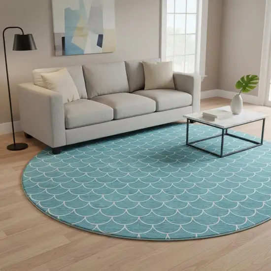 8' Teal And Ivory Geometric Washable Round Rug With UV Protection Photo 2