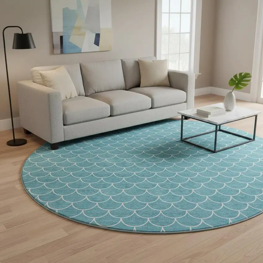 8' Teal And Ivory Geometric Washable Round Rug With UV Protection Photo 2