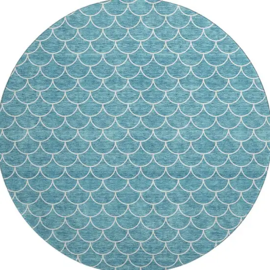 8' Teal And Ivory Geometric Washable Round Rug With UV Protection Photo 3