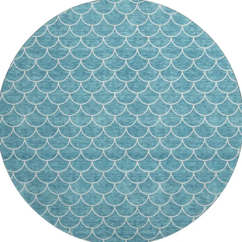 8' Teal And Ivory Geometric Washable Round Rug With UV Protection Photo 3