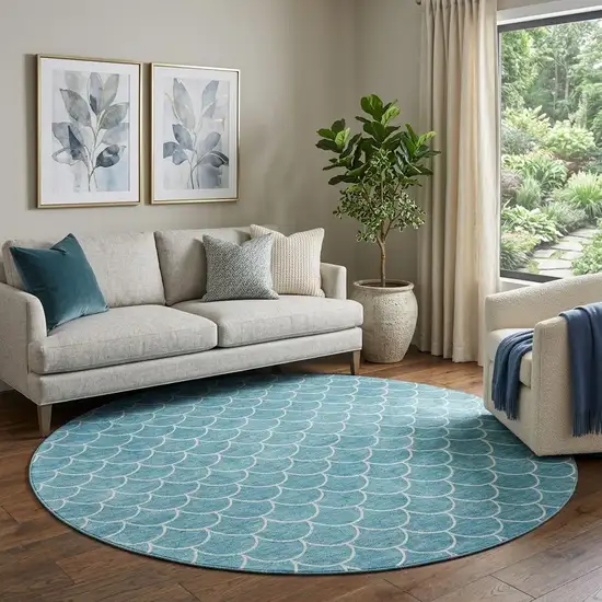 8' Teal And Ivory Geometric Washable Round Rug With UV Protection Photo 1