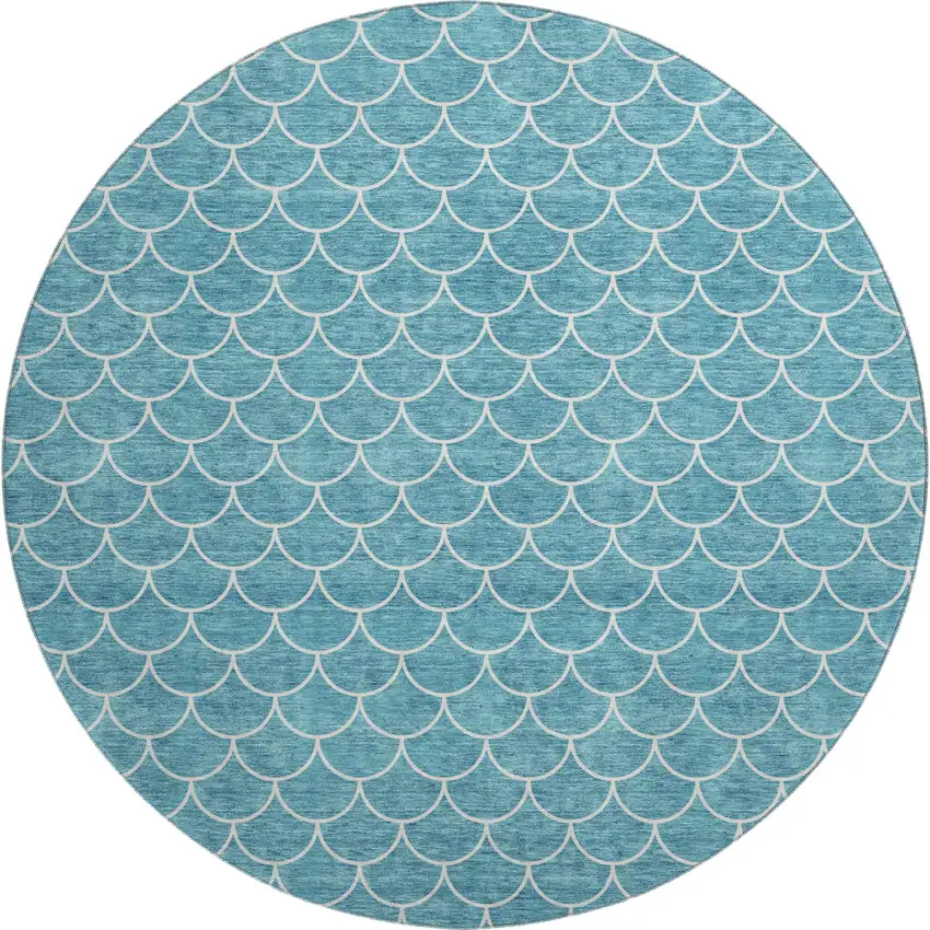 8' Teal And Ivory Geometric Washable Round Rug With UV Protection Photo 1
