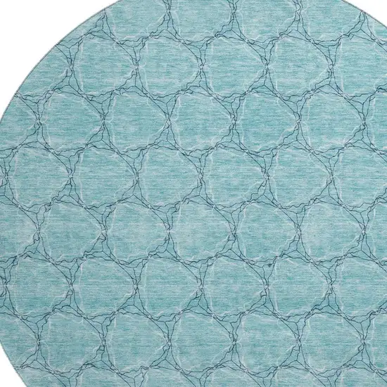 8' Teal And Ivory Geometric Washable Round Rug With UV Protection Photo 2