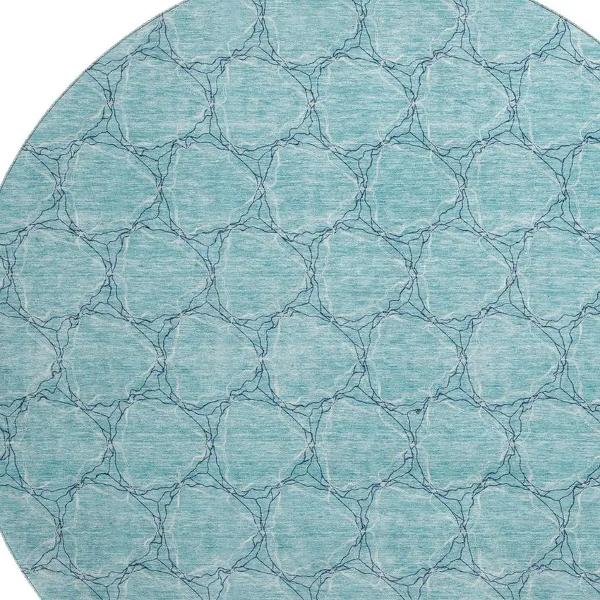8' Teal And Ivory Geometric Washable Round Rug With UV Protection Photo 2