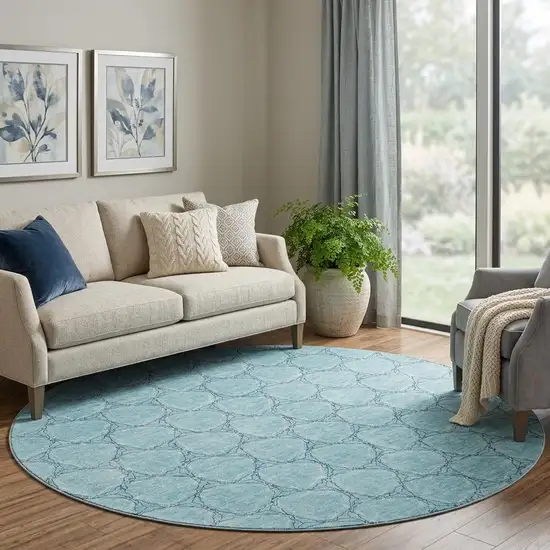 8' Teal And Ivory Geometric Washable Round Rug With UV Protection Photo 1