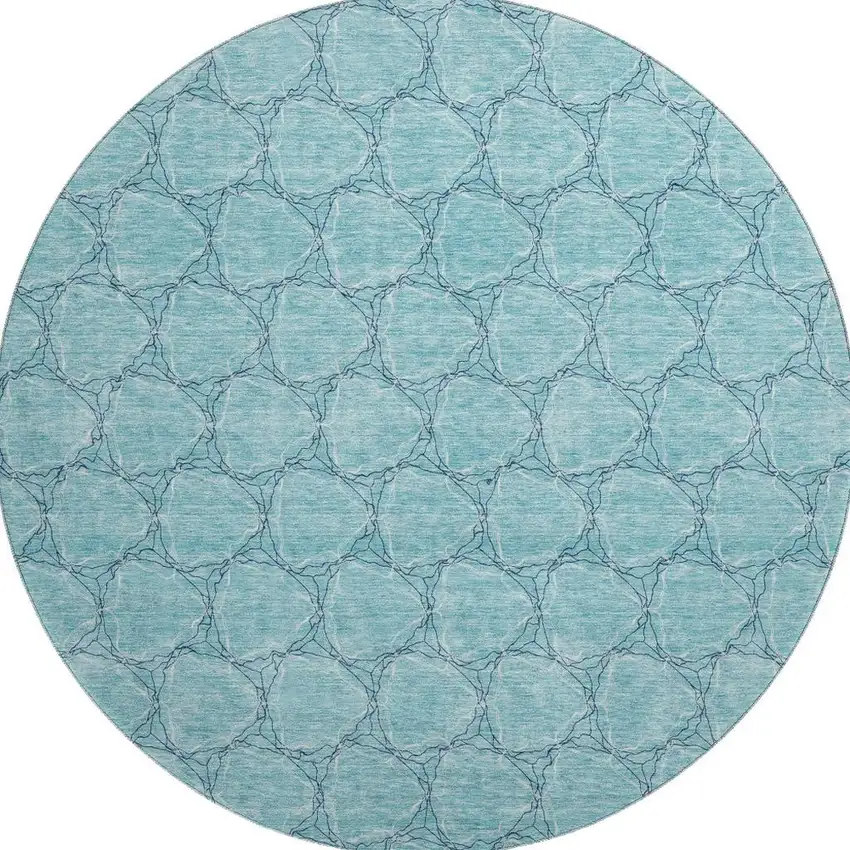 8' Teal And Ivory Geometric Washable Round Rug With UV Protection Photo 3