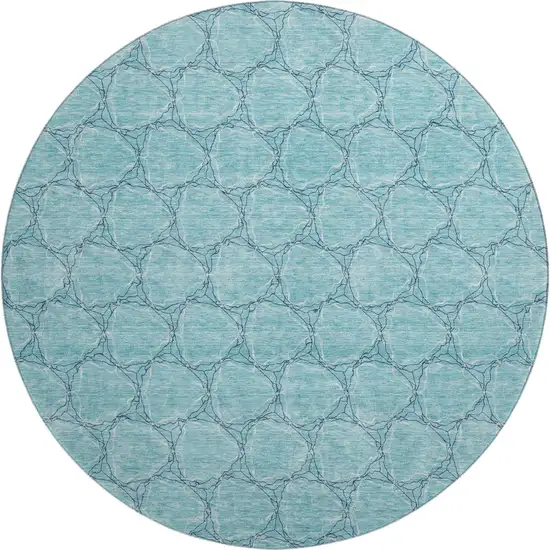 8' Teal And Ivory Geometric Washable Round Rug With UV Protection Photo 1