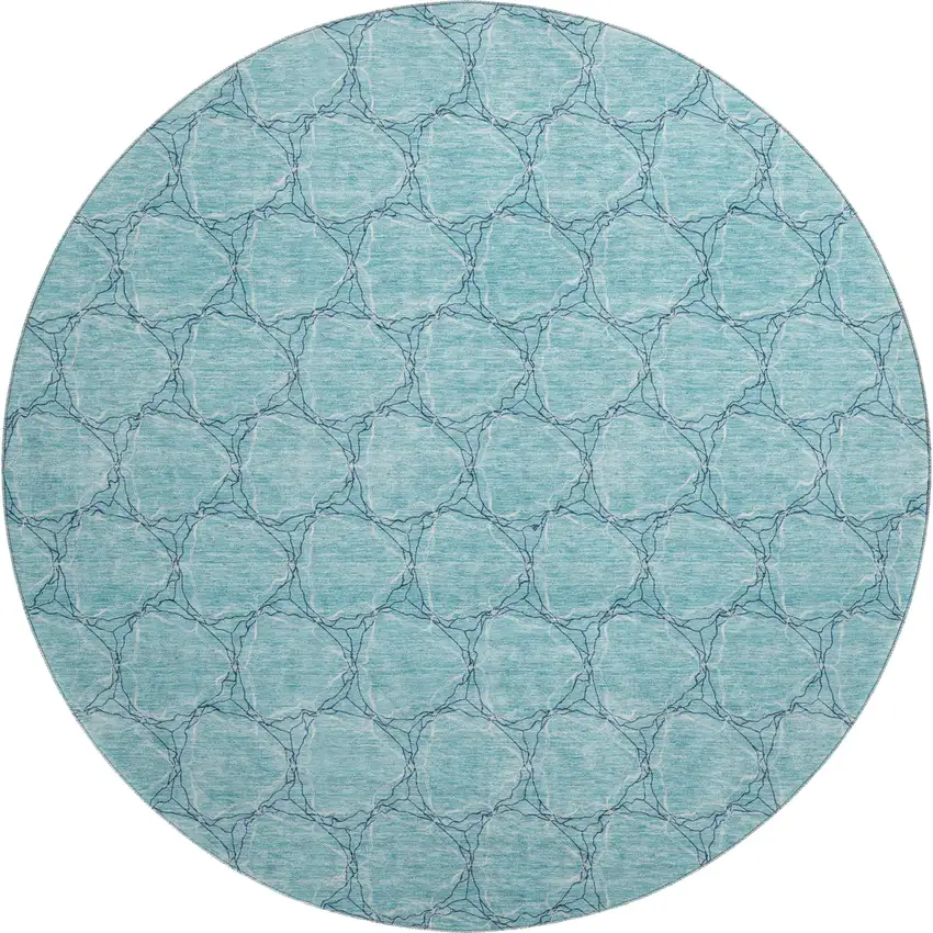 8' Teal And Ivory Geometric Washable Round Rug With UV Protection Photo 1