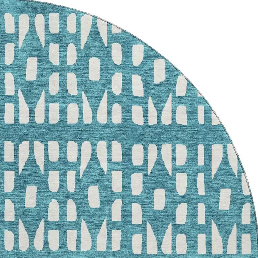8' Teal And Ivory Geometric Washable Round Rug With UV Protection Photo 2