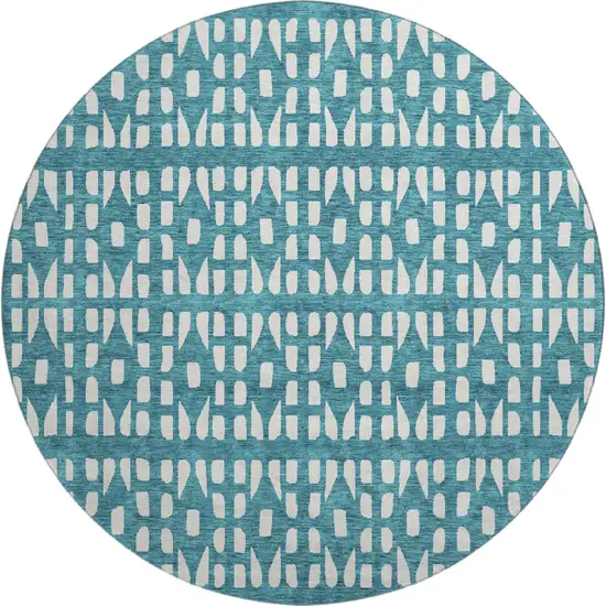 8' Teal And Ivory Geometric Washable Round Rug With UV Protection Photo 1