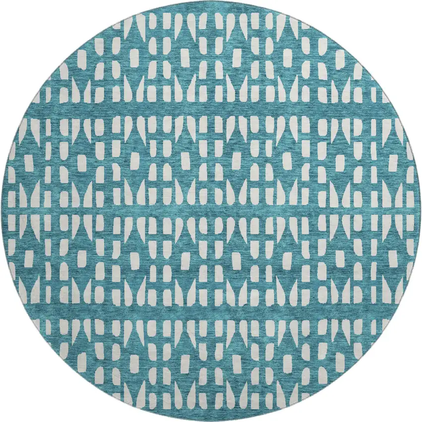 8' Teal And Ivory Geometric Washable Round Rug With UV Protection Photo 1