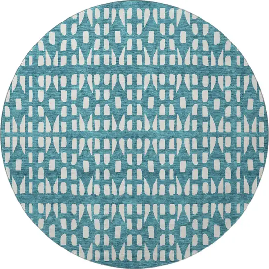 8' Teal And Ivory Geometric Washable Round Rug With UV Protection Photo 3