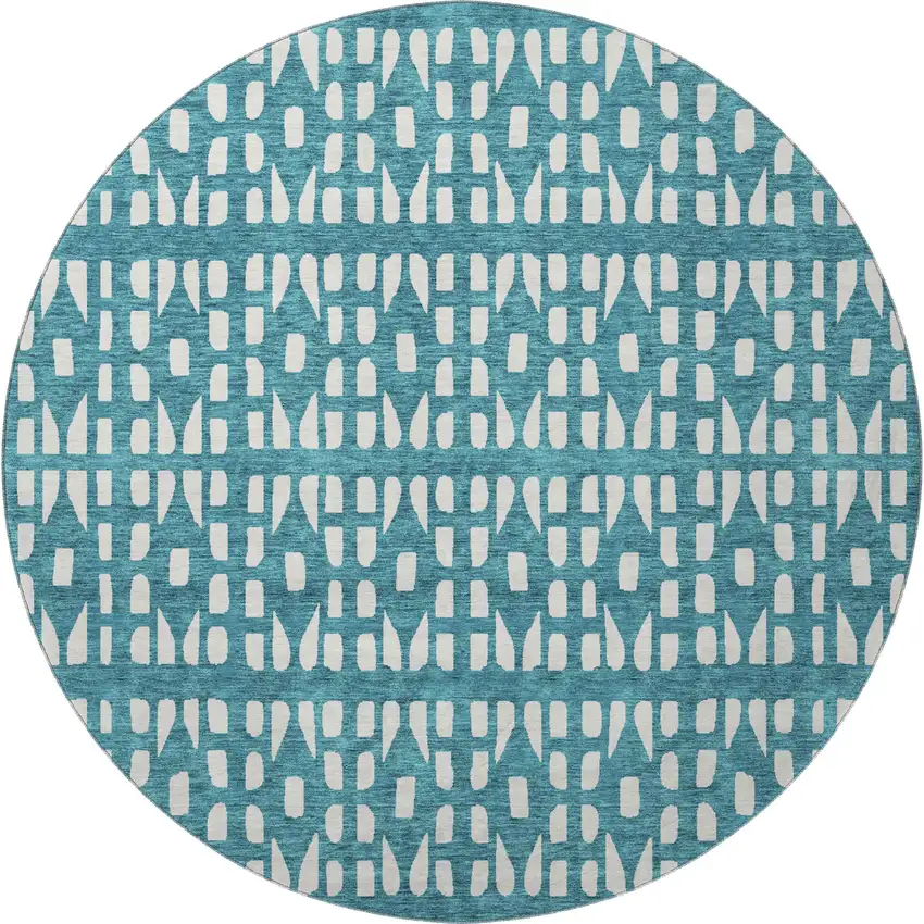 8' Teal And Ivory Geometric Washable Round Rug With UV Protection Photo 3