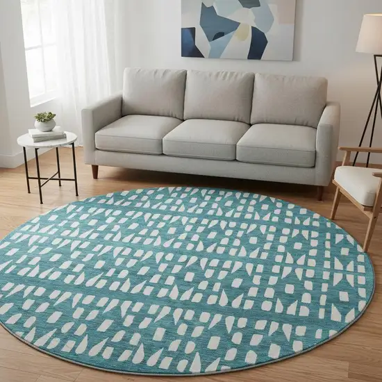8' Teal And Ivory Geometric Washable Round Rug With UV Protection Photo 2
