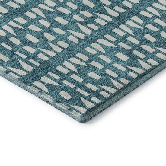 8' Teal And Ivory Geometric Washable Round Rug With UV Protection Photo 6