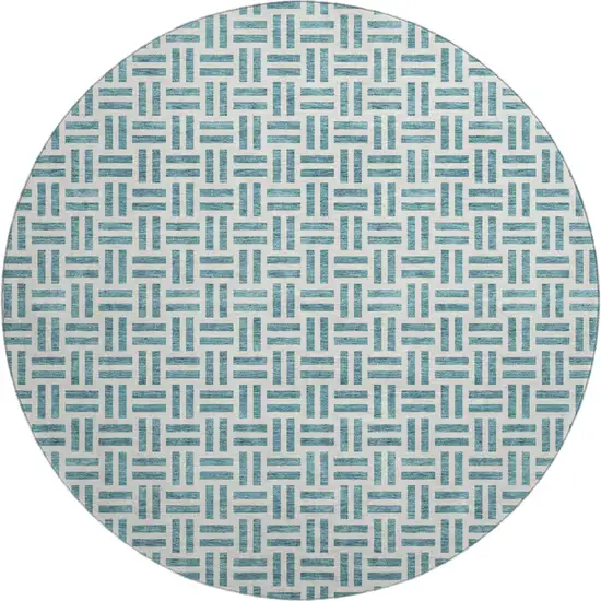 8' Teal And Ivory Geometric Washable Round Rug With UV Protection Photo 1