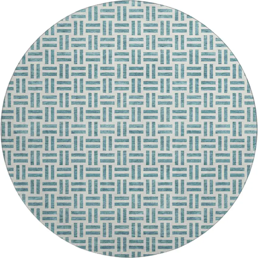 8' Teal And Ivory Geometric Washable Round Rug With UV Protection Photo 1
