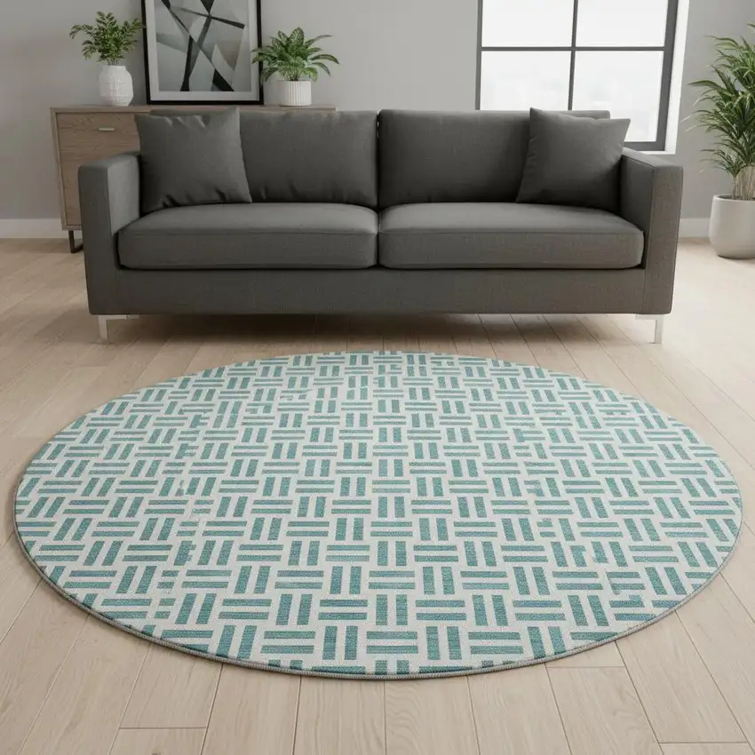 8' Teal And Ivory Geometric Washable Round Rug With UV Protection Photo 2