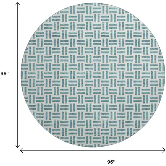 8' Teal And Ivory Geometric Washable Round Rug With UV Protection Photo 9