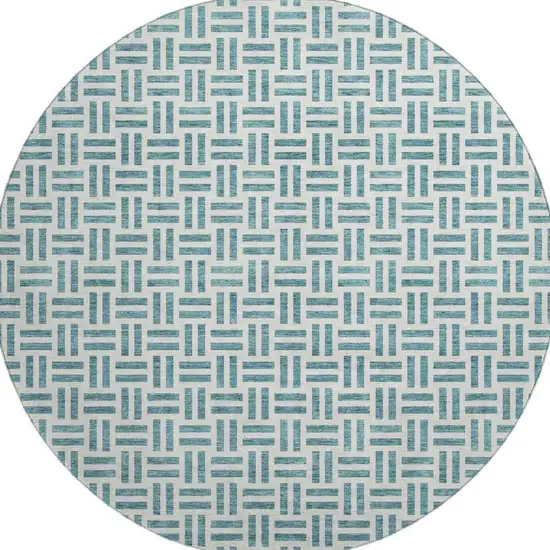 8' Teal And Ivory Geometric Washable Round Rug With UV Protection Photo 3