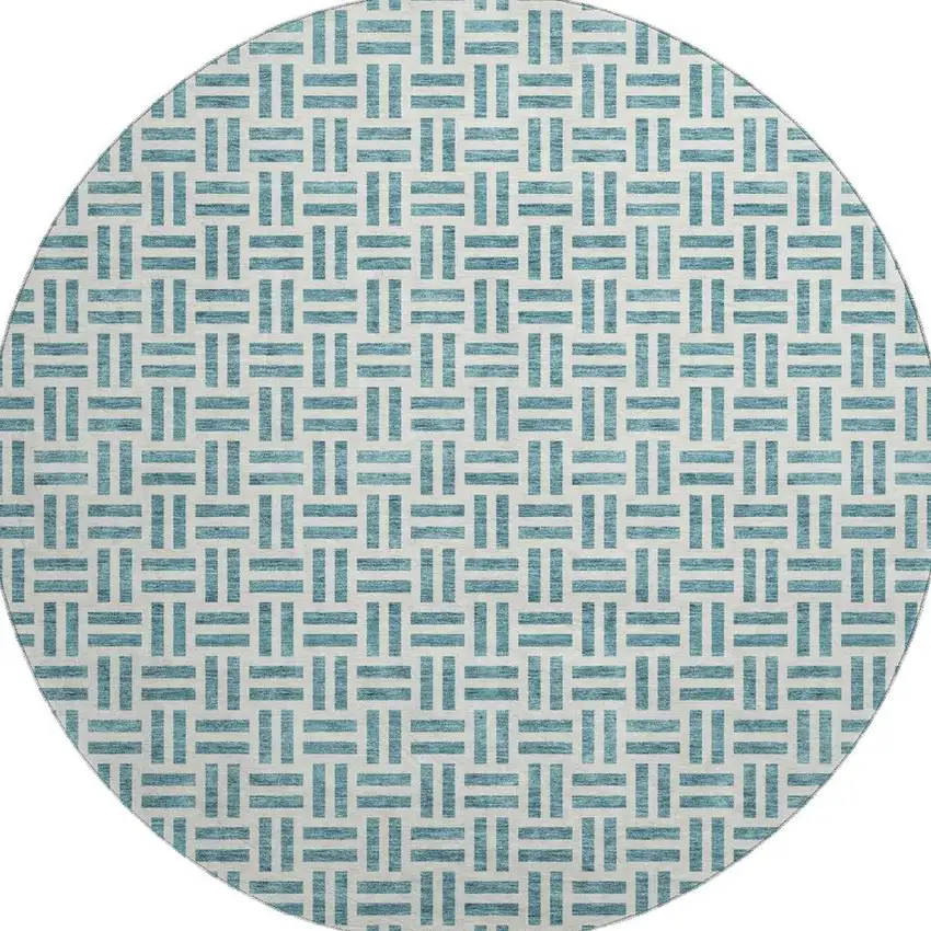 8' Teal And Ivory Geometric Washable Round Rug With UV Protection Photo 3