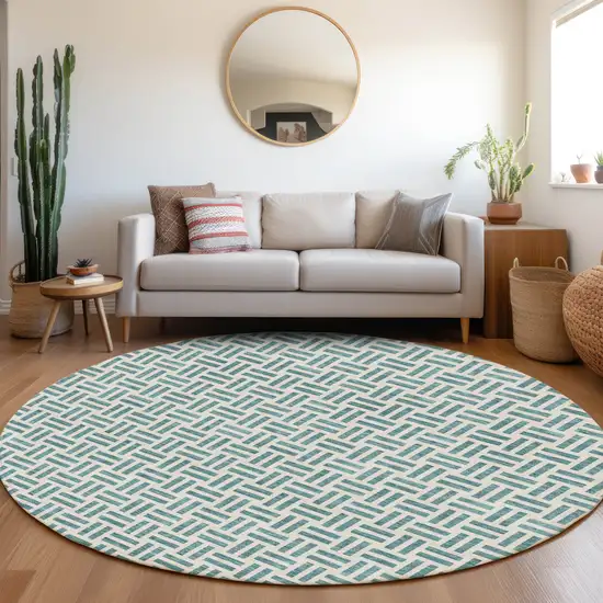 8' Teal And Ivory Geometric Washable Round Rug With UV Protection Photo 4