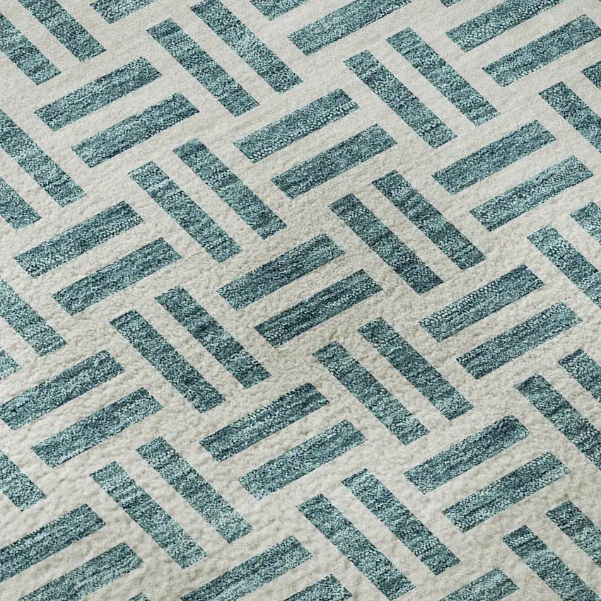 8' Teal And Ivory Geometric Washable Round Rug With UV Protection Photo 8