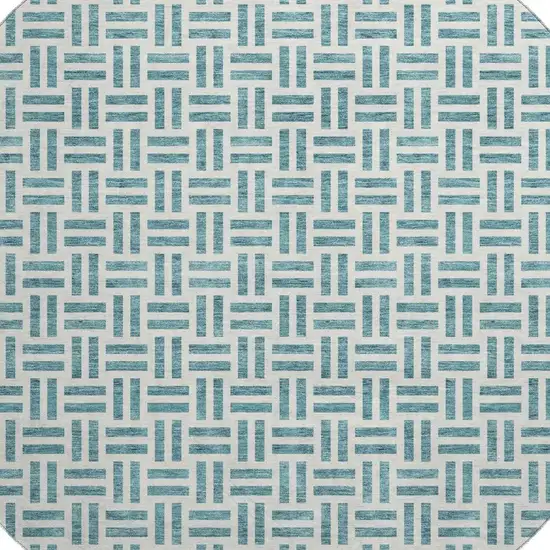 8' Teal And Ivory Geometric Washable Round Rug With UV Protection Photo 2