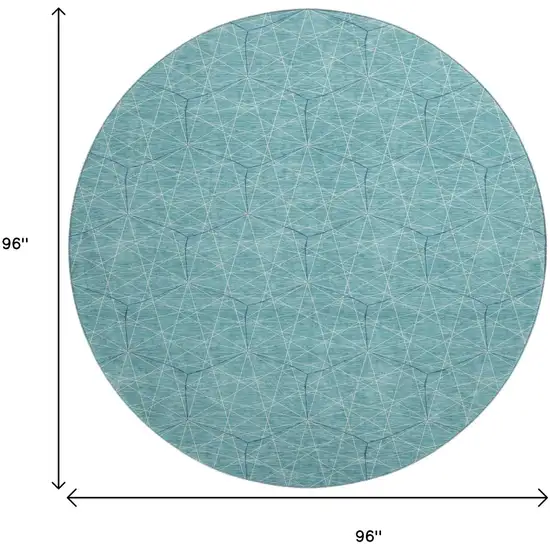 8' Teal And Ivory Geometric Washable Round Rug With UV Protection Photo 9