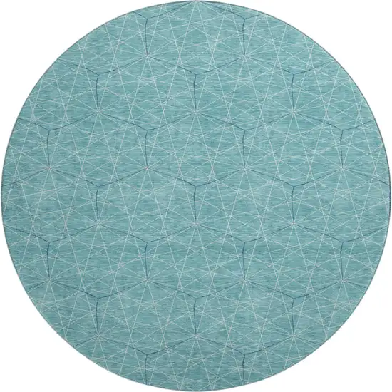 8' Teal And Ivory Geometric Washable Round Rug With UV Protection Photo 1