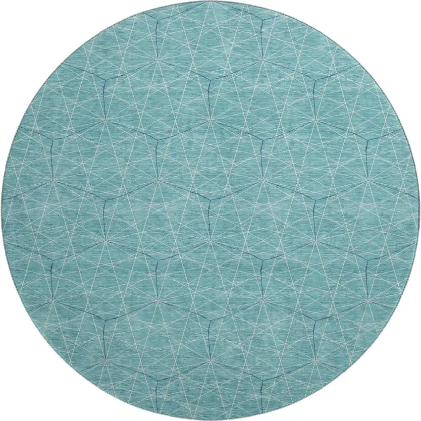 8' Teal And Ivory Geometric Washable Round Rug With UV Protection Photo 1