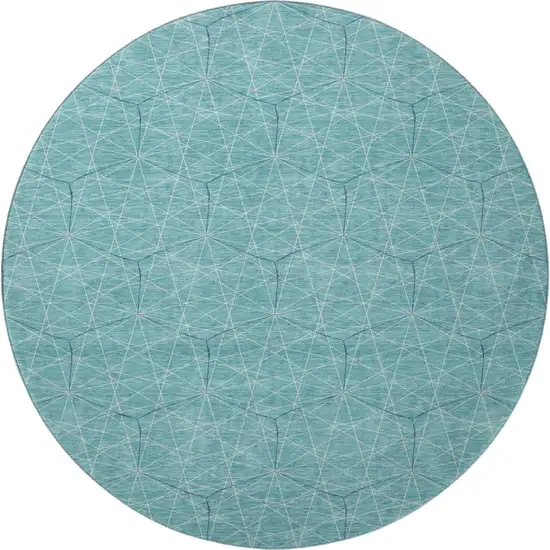 8' Teal And Ivory Geometric Washable Round Rug With UV Protection Photo 3