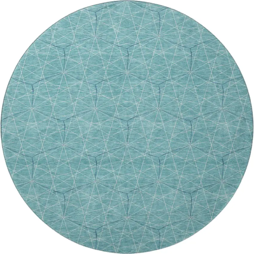 8' Teal And Ivory Geometric Washable Round Rug With UV Protection Photo 3