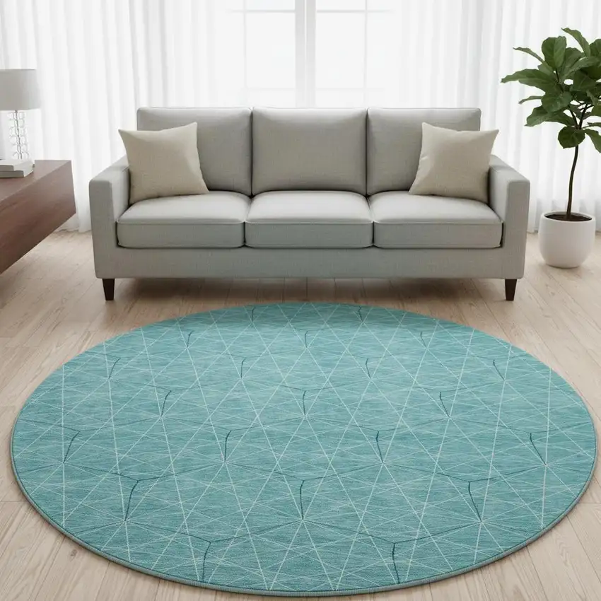 8' Teal And Ivory Geometric Washable Round Rug With UV Protection Photo 2